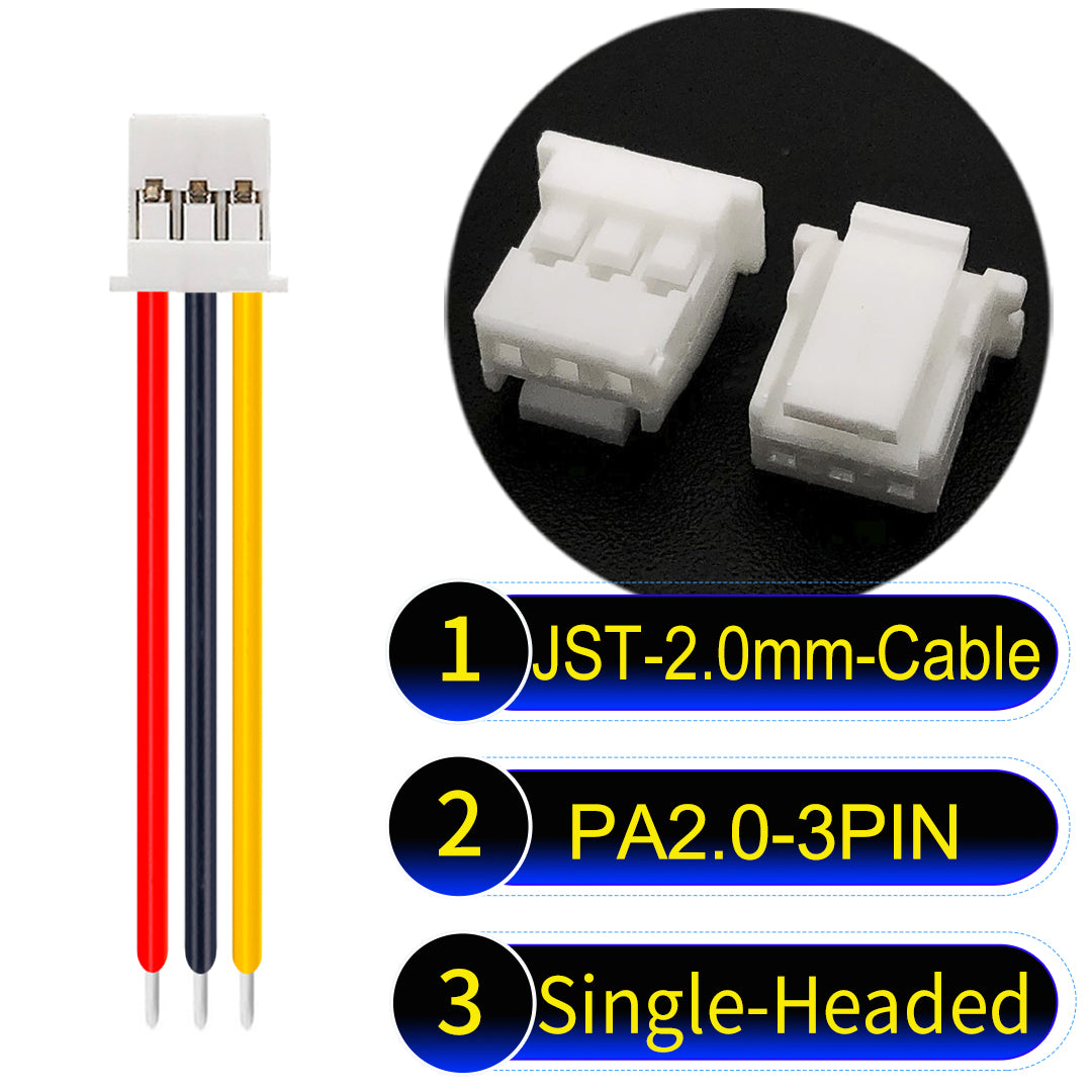 JST PA2.0 3Pin Single-Headed cable, 22AWG UL1007 PVC material, perfect for LED lighting, appliances, and industrial devices.