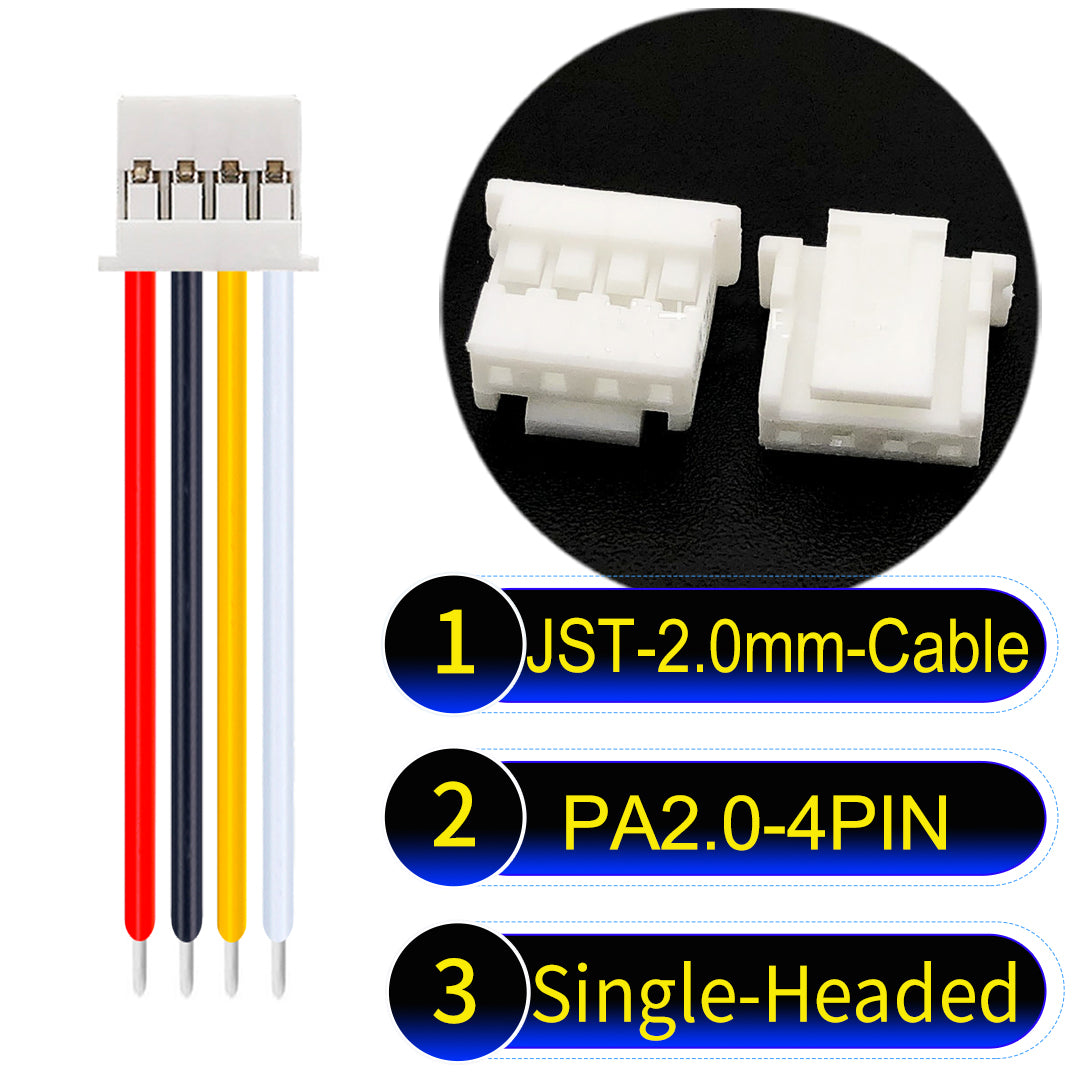 JST PA2.0 4Pin Single-Headed cable, 22AWG UL1007 PVC material, perfect for LED lighting, appliances, and industrial devices.
