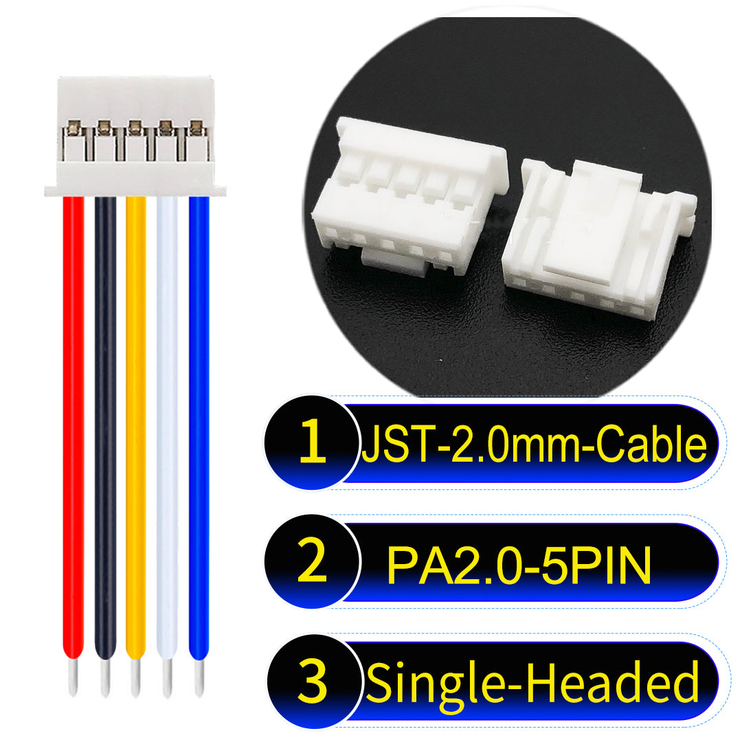 JST PA2.0 5Pin Single-Headed cable, 22AWG UL1007 PVC material, perfect for LED lighting, appliances, and industrial devices.