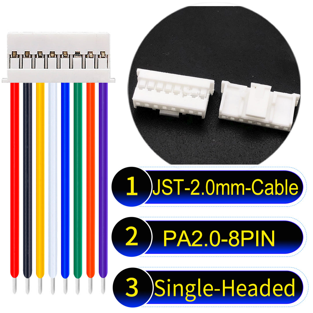 JST PA2.0 8Pin Single-Headed cable, 22AWG UL1007 PVC material, perfect for LED lighting, appliances, and industrial devices.