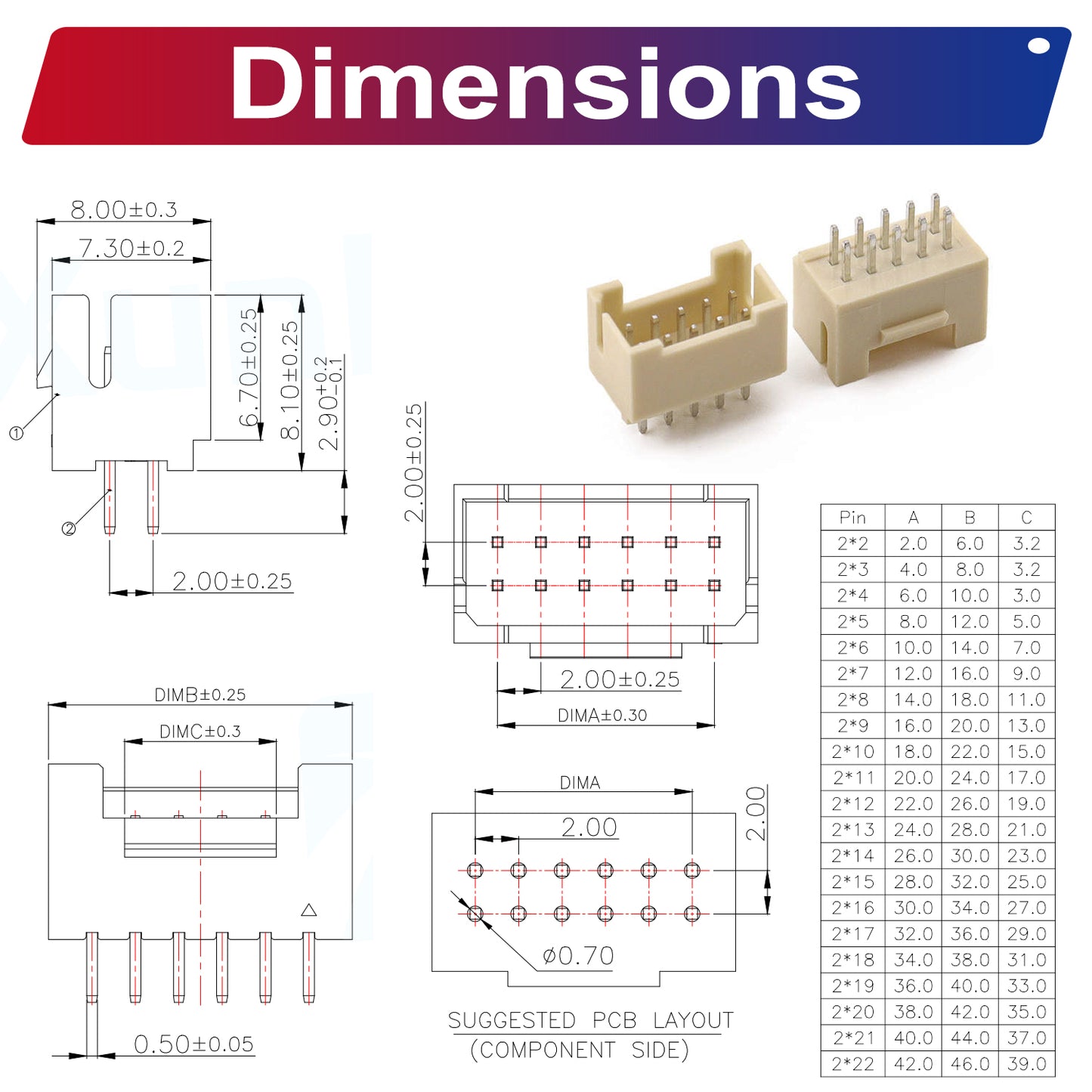 Assortment of JST PHB 2.0mm dual row DIP socket connectors included in the kit