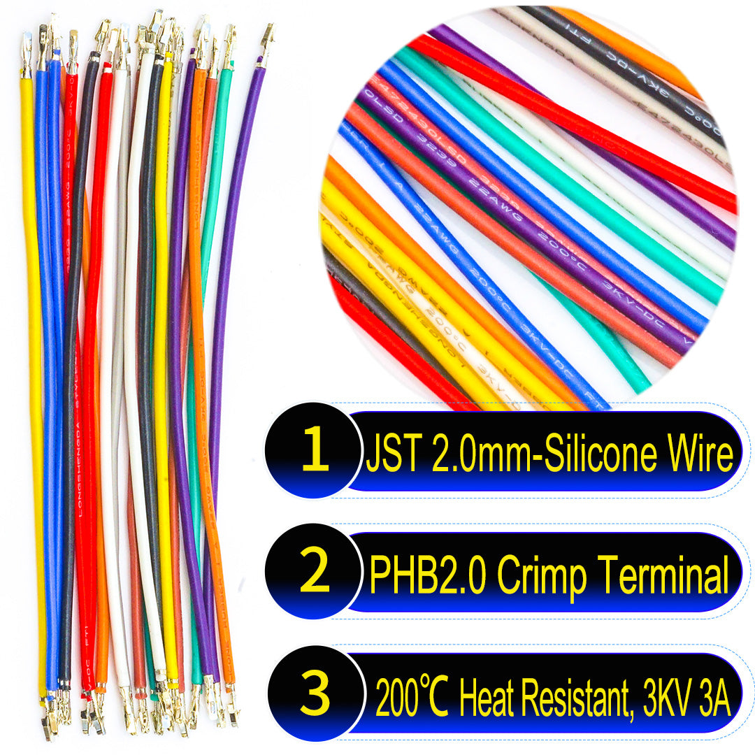 JST PHB Locking 2.0mm both sided Pre-Crimped Terminal Silicone Cable (Without Connector), 22AWG UL3239 Soft Wire 200℃ Heat Resistant 3KV 3A