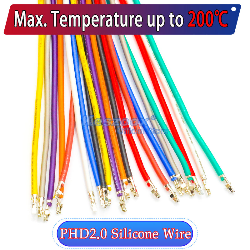 JST PHD 2.0mm pre-crimped terminal silicone cable, 22AWG UL3239 soft wire, heat-resistant, 200℃, 3KV, 3A