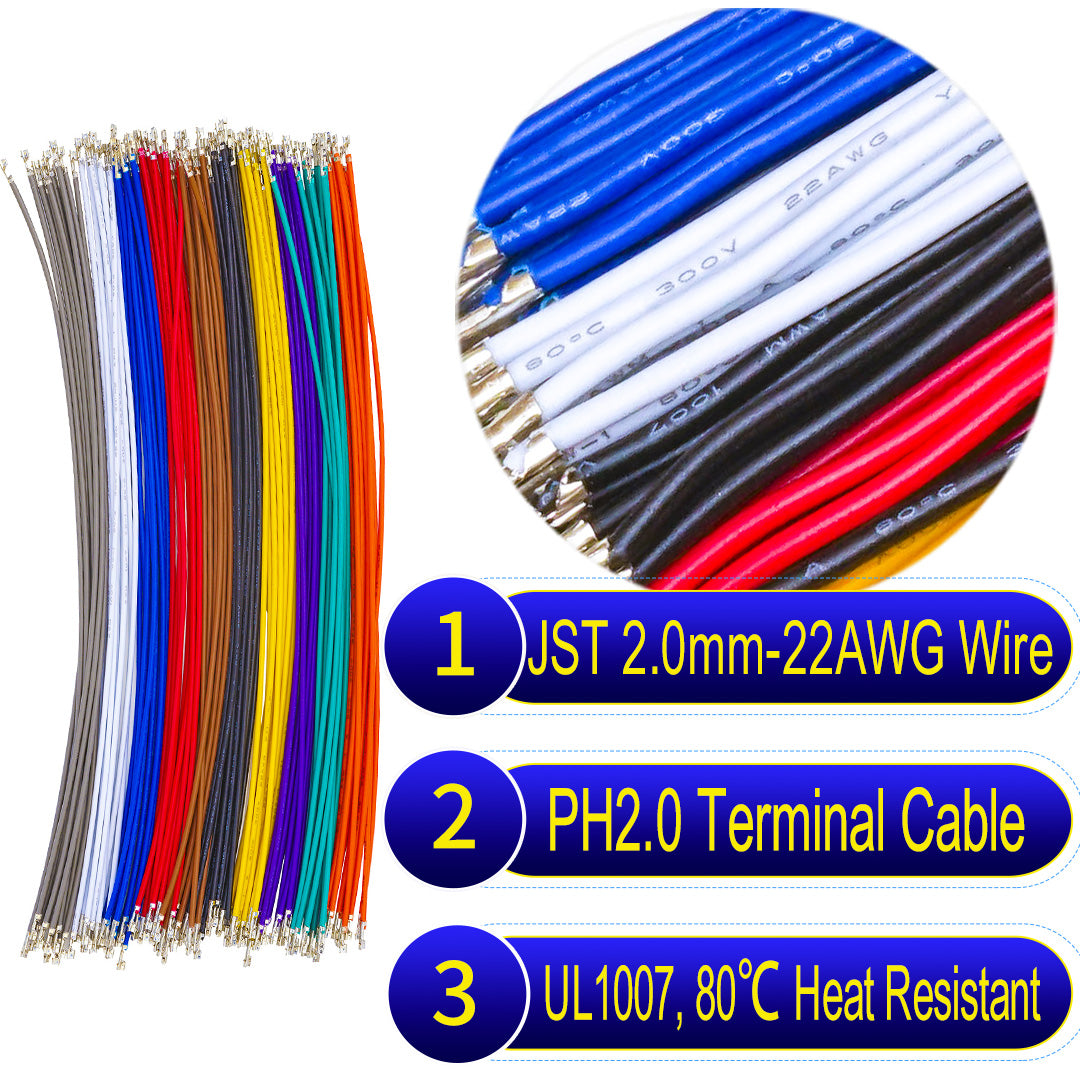JST PH 2.0mm female pre-crimped terminal cable for PCB and automotive systems.