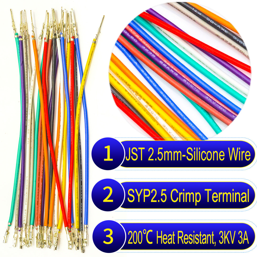 JST SYP 2.5mm pre-crimped terminal silicone cable, 22AWG UL3239 soft wire, heat-resistant, 200℃, 3KV, 3A