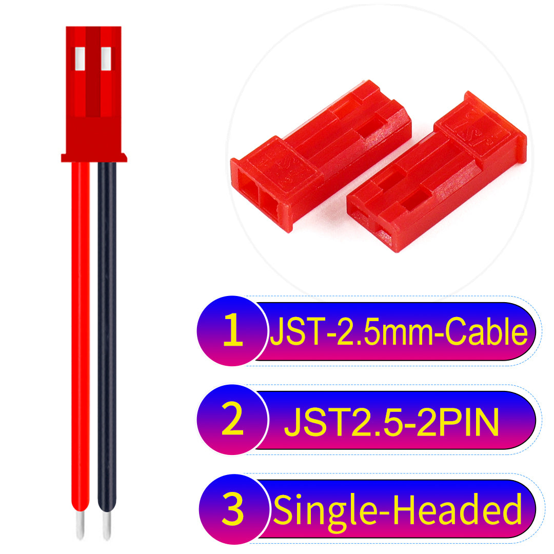 JST SYP 2.54mm 2Pin Male Single-Headed cable with UL1007-certified 22AWG copper wire, suitable for a range of electronic devices.