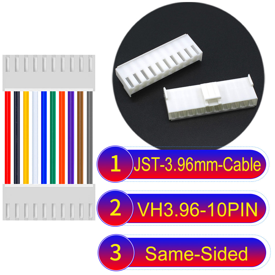 JST VH 3.96mm 10Pin Same-Side-Head cable with 18AWG copper wire and UL1007-certified PVC, suitable for various electrical systems.