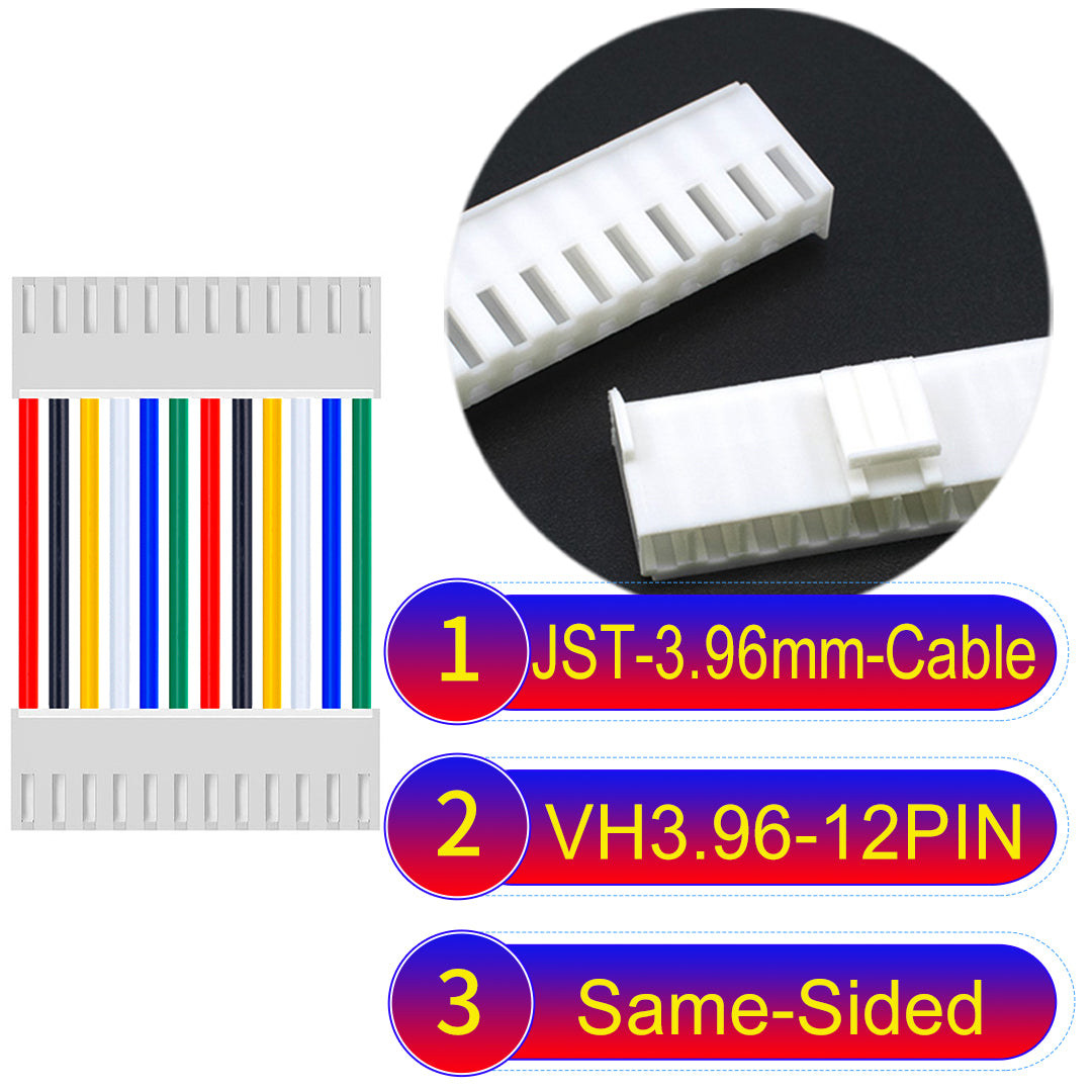JST VH 3.96mm 12Pin Same-Side-Head cable with 18AWG copper wire and UL1007-certified PVC, suitable for various electrical systems.
