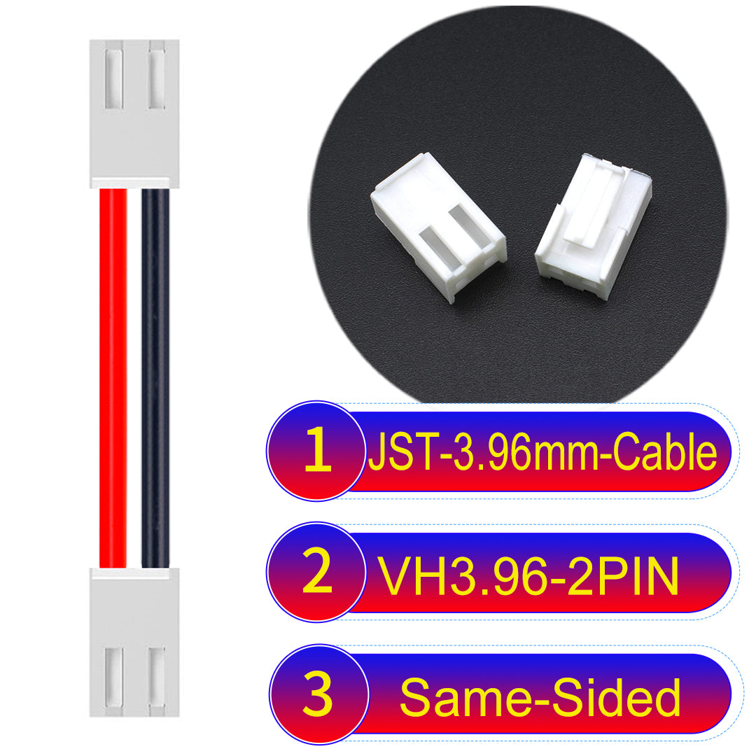 JST VH 3.96mm 2Pin Same-Side-Head cable with 18AWG copper wire and UL1007-certified PVC, suitable for various electrical systems.