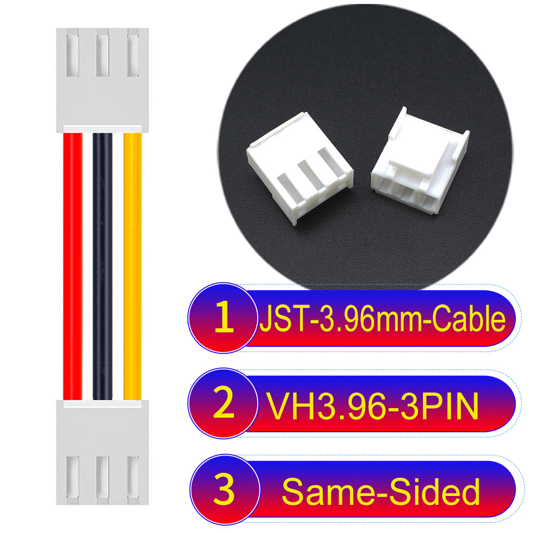 JST VH 3.96mm 3Pin Same-Side-Head cable with 18AWG copper wire and UL1007-certified PVC, suitable for various electrical systems.