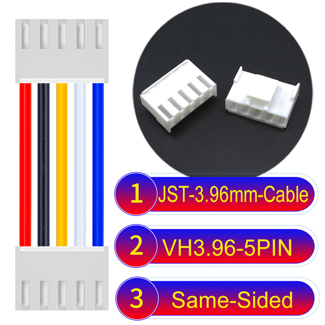 JST VH 3.96mm 5Pin Same-Side-Head cable with 18AWG copper wire and UL1007-certified PVC, suitable for various electrical systems.