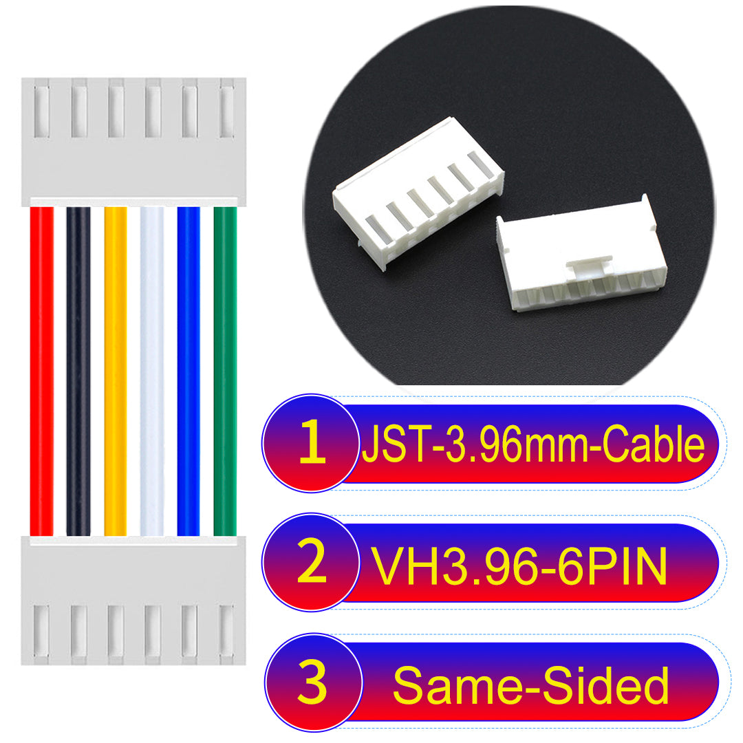 JST VH 3.96mm 6Pin Same-Side-Head cable with 18AWG copper wire and UL1007-certified PVC, suitable for various electrical systems.