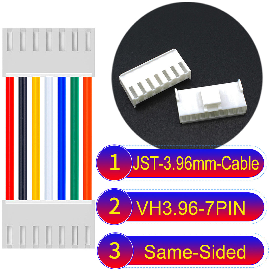 JST VH 3.96mm 7Pin Same-Side-Head cable with 18AWG copper wire and UL1007-certified PVC, suitable for various electrical systems.