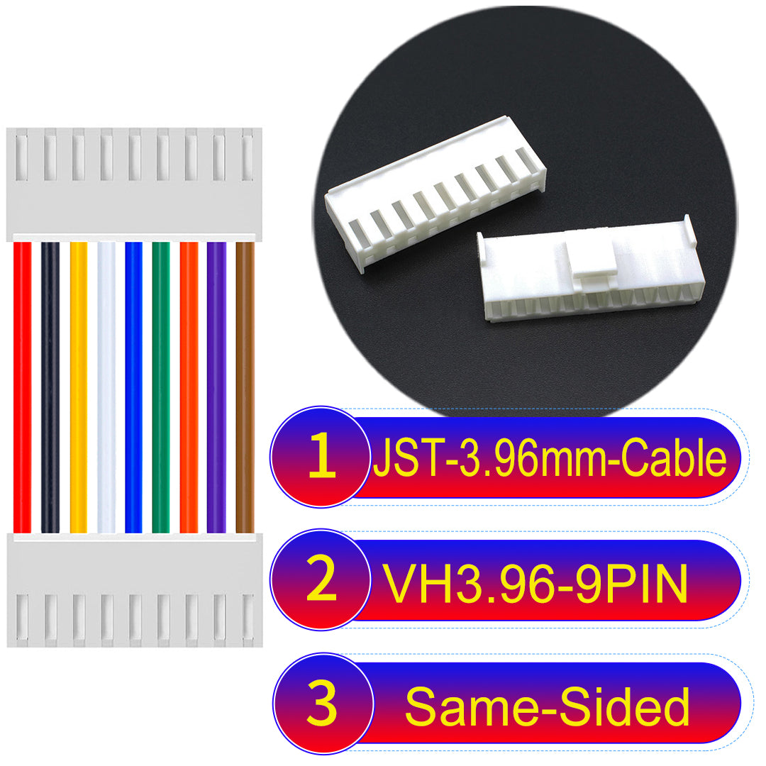 JST VH 3.96mm 9Pin Same-Side-Head cable with 18AWG copper wire and UL1007-certified PVC, suitable for various electrical systems.
