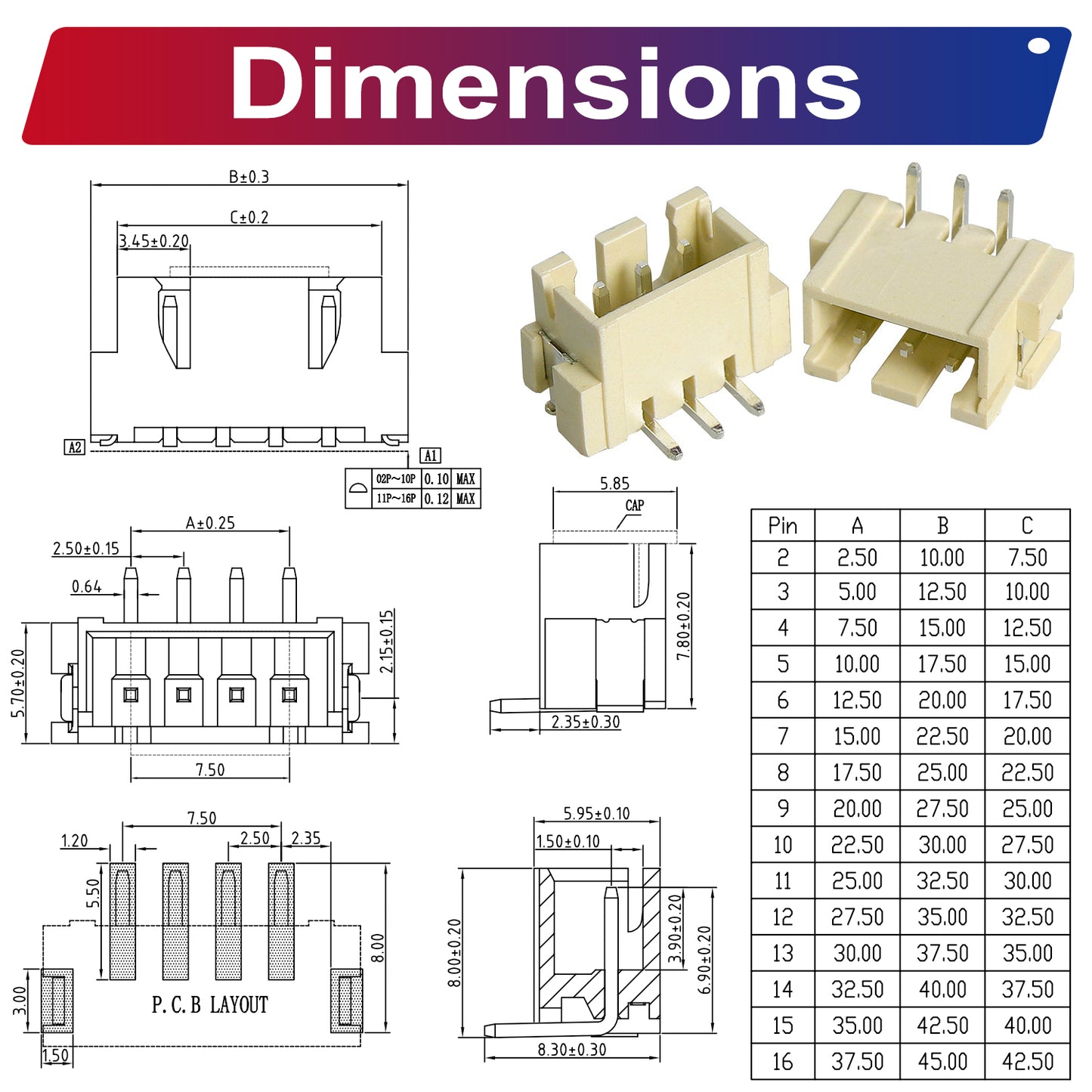 Variety pack of JST XH2.5mm SMT vertical connectors for PCB assembly, DIY electronics, and prototyping