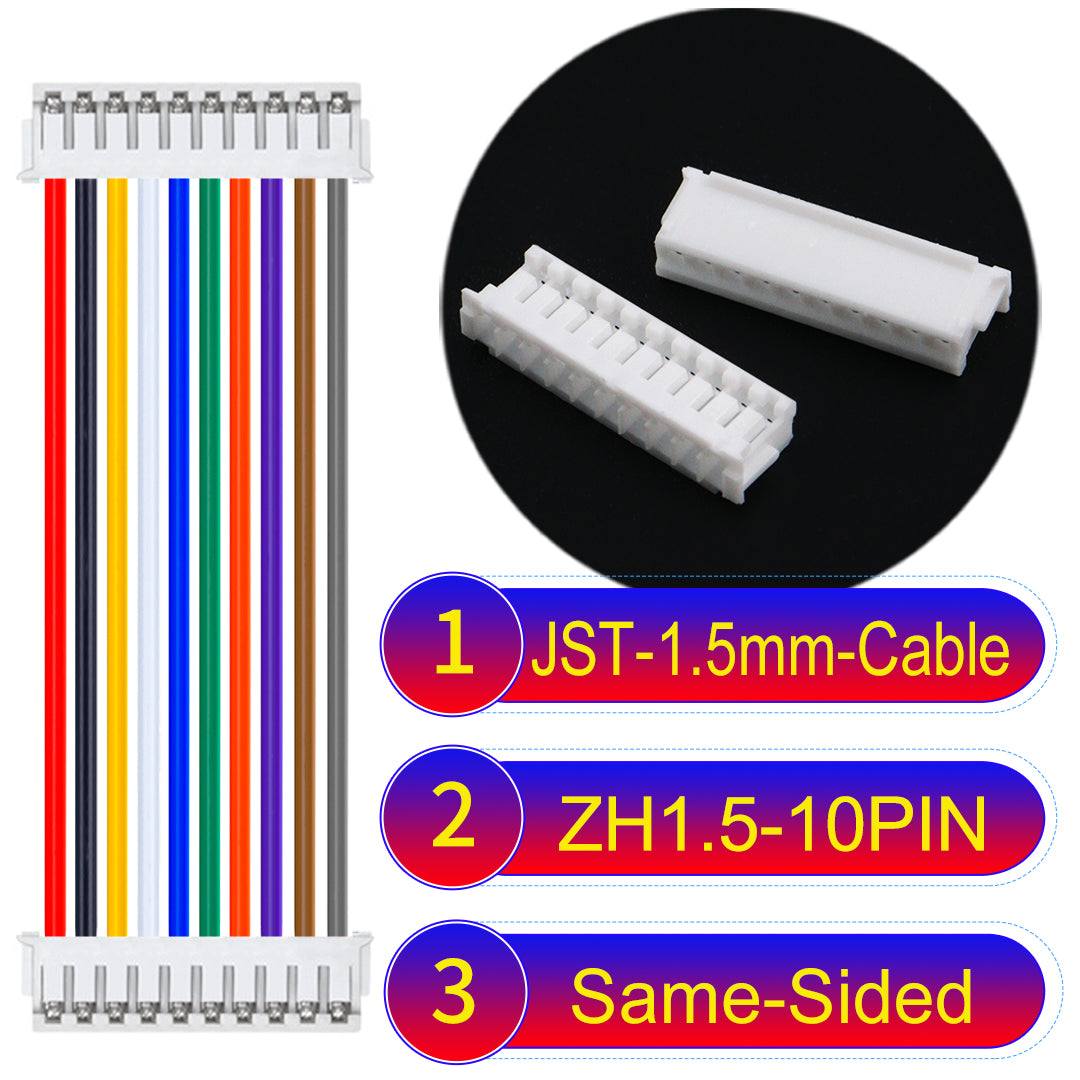JST ZH 1.5mm 10Pin Same-Side-Head cable with 24awg copper wire and UL1007-certified PVC, suitable for home appliances, electrical equipment, and LED lighting.