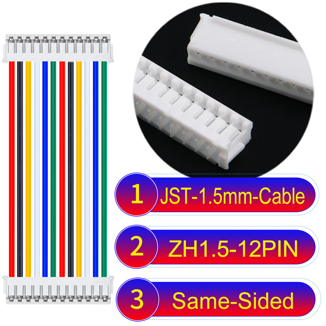JST ZH 1.5mm 12Pin Same-Side-Head cable with 24awg copper wire and UL1007-certified PVC, suitable for home appliances, electrical equipment, and LED lighting.