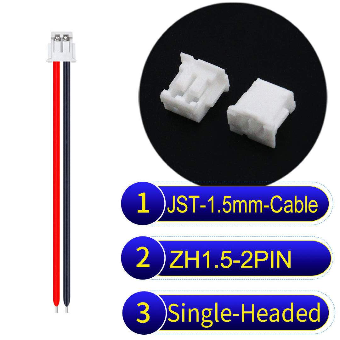 JST ZH 1.5mm 2Pin single-headed cable with 24awg copper wire and UL1007-certified PVC, suitable for home appliances, electrical equipment, and LED lighting.