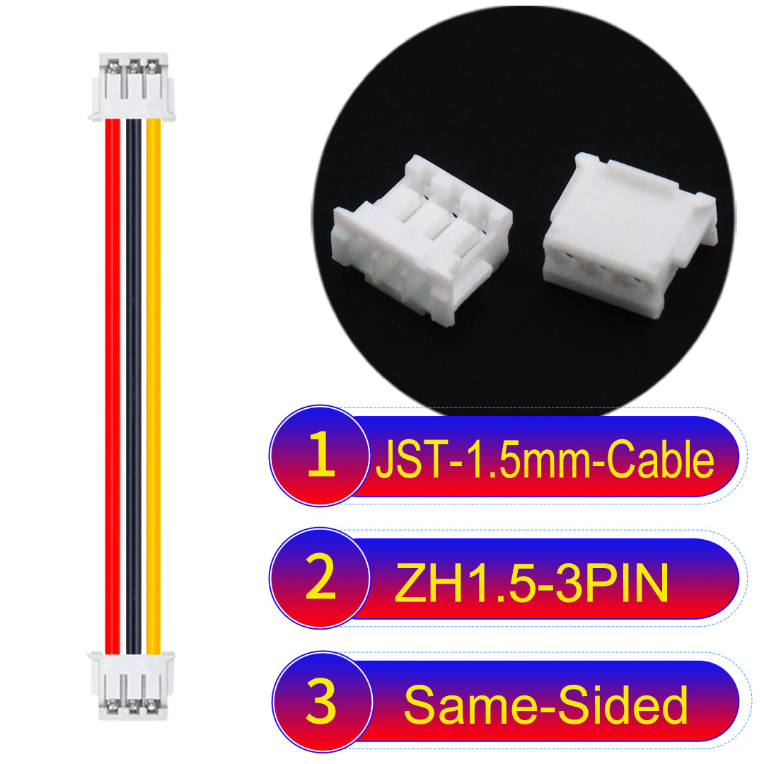 JST ZH 1.5mm 3Pin Same-Side-Head cable with 24awg copper wire and UL1007-certified PVC, suitable for home appliances, electrical equipment, and LED lighting.