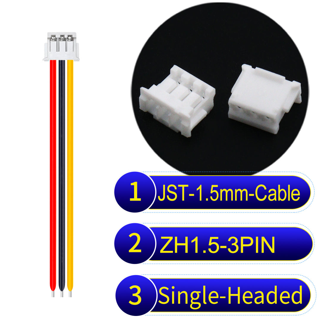 JST ZH 1.5mm 3Pin single-headed cable with 24awg copper wire and UL1007-certified PVC, suitable for home appliances, electrical equipment, and LED lighting.
