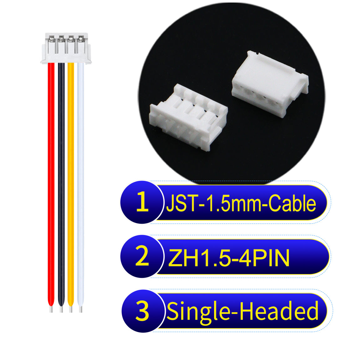 JST ZH 1.5mm 4Pin single-headed cable with 24awg copper wire and UL1007-certified PVC, suitable for home appliances, electrical equipment, and LED lighting.
