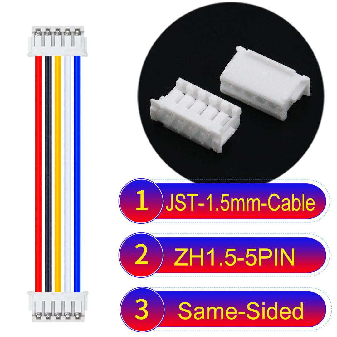 JST ZH 1.5mm 5Pin Same-Side-Head cable with 24awg copper wire and UL1007-certified PVC, suitable for home appliances, electrical equipment, and LED lighting.