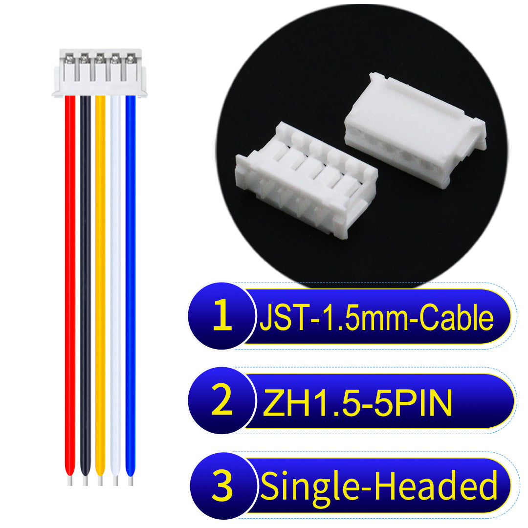 JST ZH 1.5mm 5Pin single-headed cable with 24awg copper wire and UL1007-certified PVC, suitable for home appliances, electrical equipment, and LED lighting.