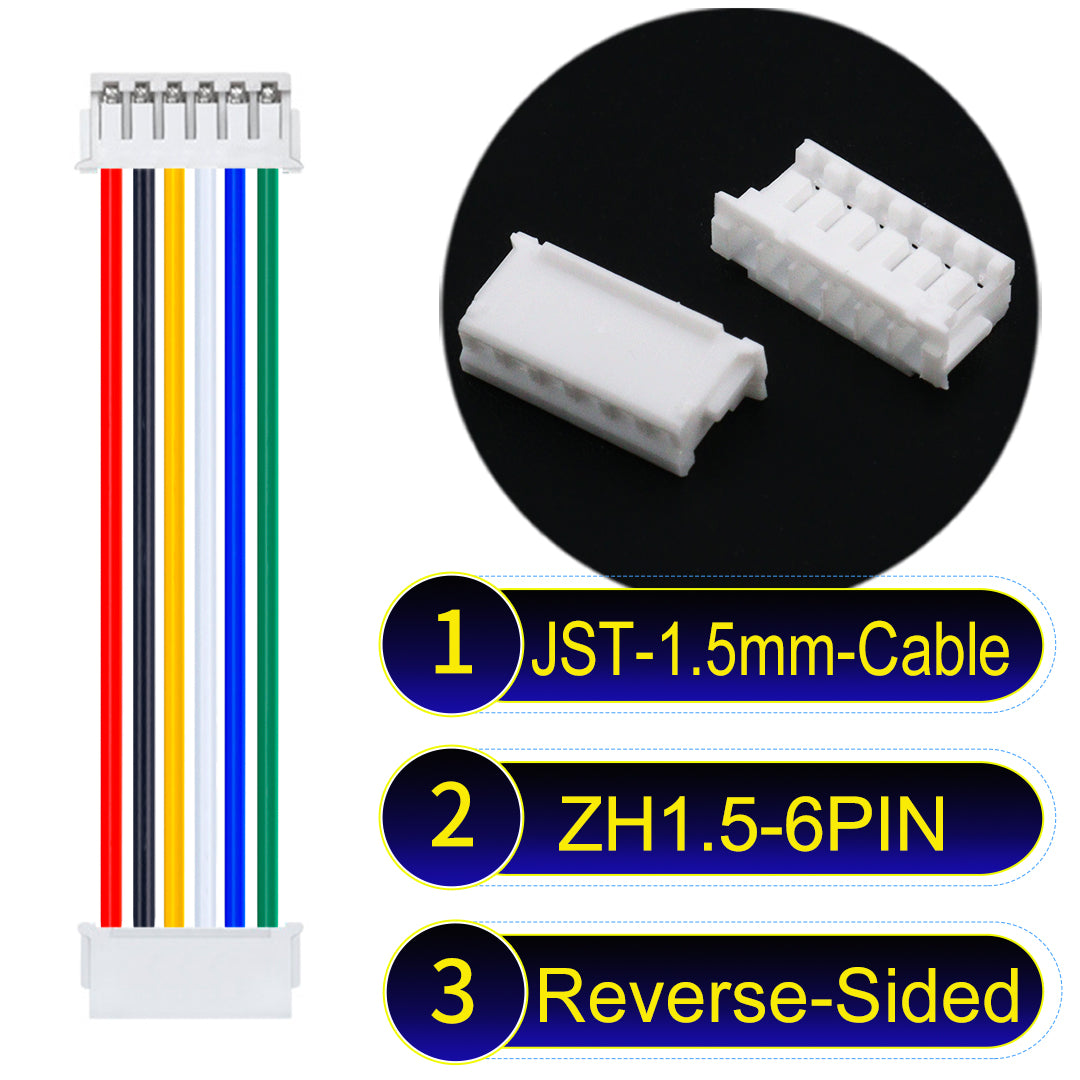 JST ZH 1.5mm 6Pin Reverse-Side-Head cable with 24awg copper wire and UL1007-certified PVC, suitable for home appliances, electrical equipment, and LED lighting.