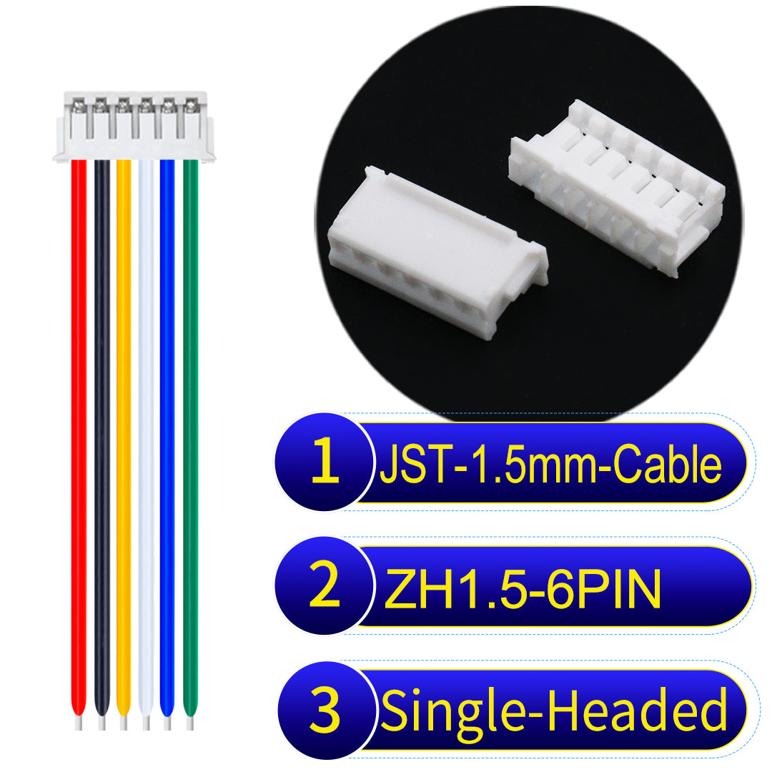 JST ZH 1.5mm 6Pin single-headed cable with 24awg copper wire and UL1007-certified PVC, suitable for home appliances, electrical equipment, and LED lighting.