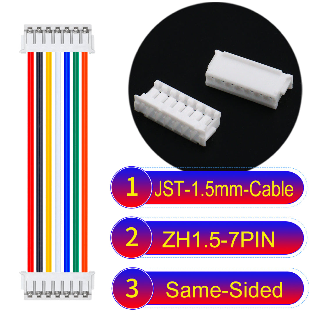 JST ZH 1.5mm 7Pin Same-Side-Head cable with 24awg copper wire and UL1007-certified PVC, suitable for home appliances, electrical equipment, and LED lighting.