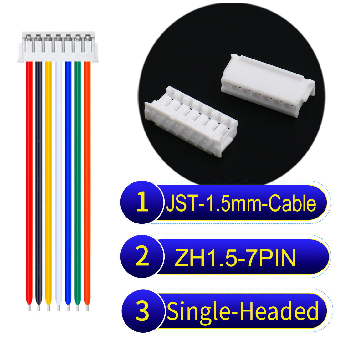 JST ZH 1.5mm 7Pin single-headed cable with 24awg copper wire and UL1007-certified PVC, suitable for home appliances, electrical equipment, and LED lighting.