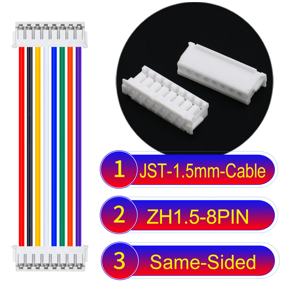 JST ZH 1.5mm 8Pin Same-Side-Head cable with 24awg copper wire and UL1007-certified PVC, suitable for home appliances, electrical equipment, and LED lighting.