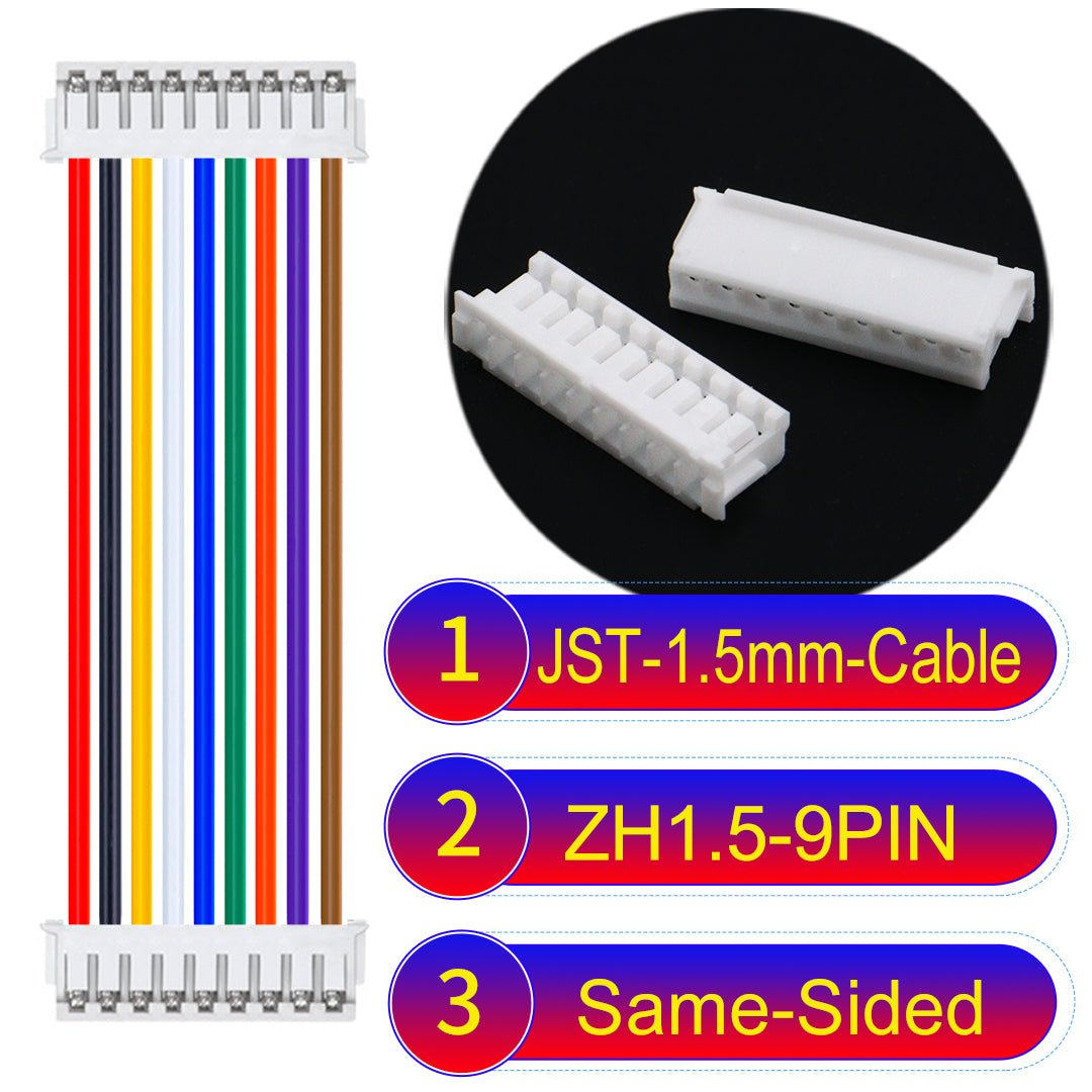 JST ZH 1.5mm 9Pin Same-Side-Head cable with 24awg copper wire and UL1007-certified PVC, suitable for home appliances, electrical equipment, and LED lighting.