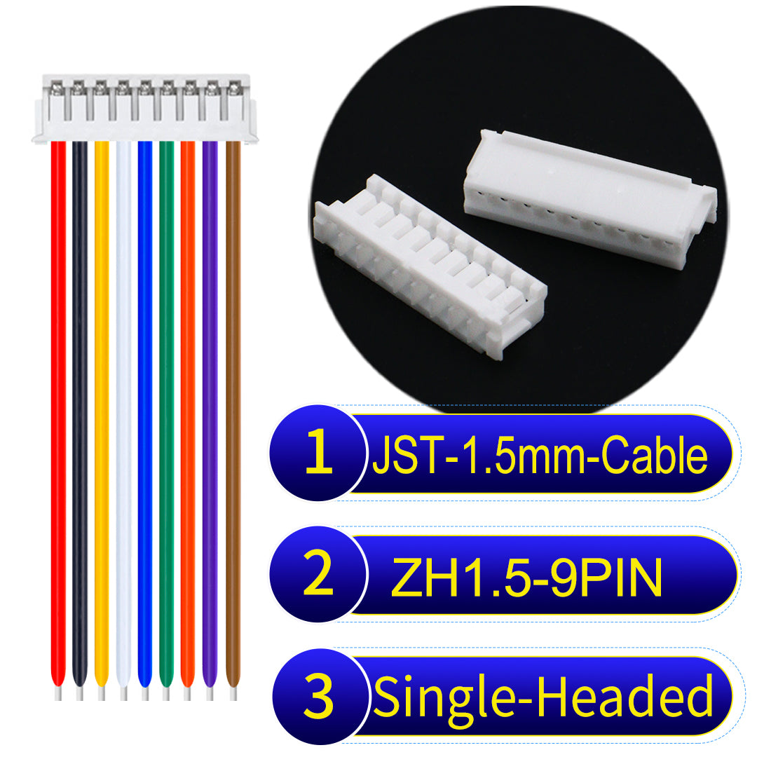 JST ZH 1.5mm 9Pin single-headed cable with 24awg copper wire and UL1007-certified PVC, suitable for home appliances, electrical equipment, and LED lighting.