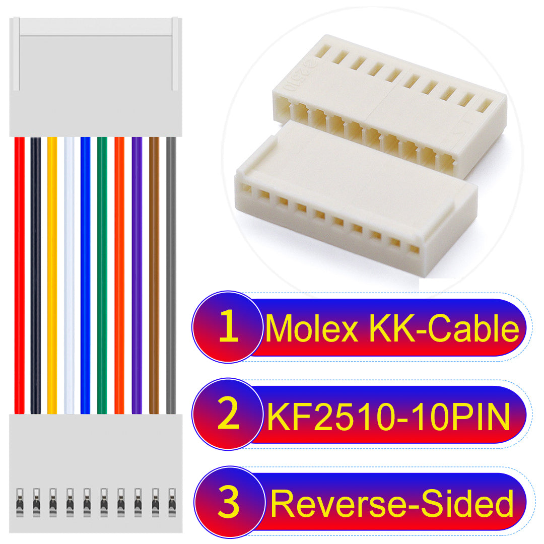 The Molex KK-Cable KF2510 10Pin Reverse-Side-Head 2.5mm 22AWG UL1007 PVC Cable is durable and versatile.