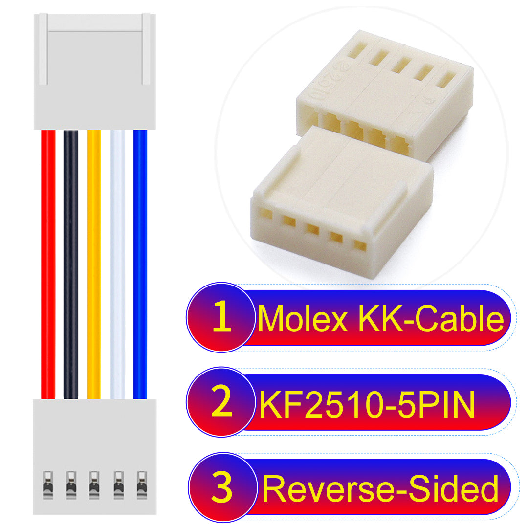 The Molex KK-Cable KF2510 5Pin Reverse-Side-Head 2.5mm 22AWG UL1007 PVC Cable is durable and versatile.