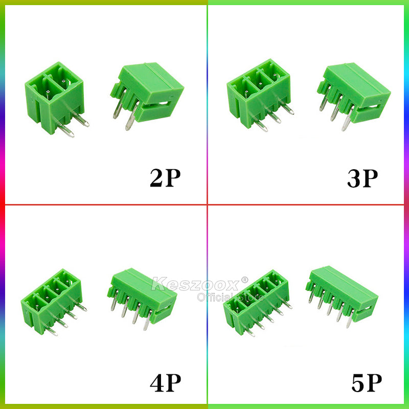 Various KF2EDGR-3.5 terminal blocks from 2-position to 5-position, green PA66 housing, right-angle pin type.