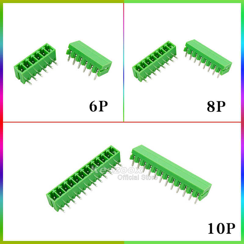 KF2EDGR-3.5 terminal blocks in 6-pin, 8-pin, and 10-pin versions with right-angle through-hole pins, green housing.