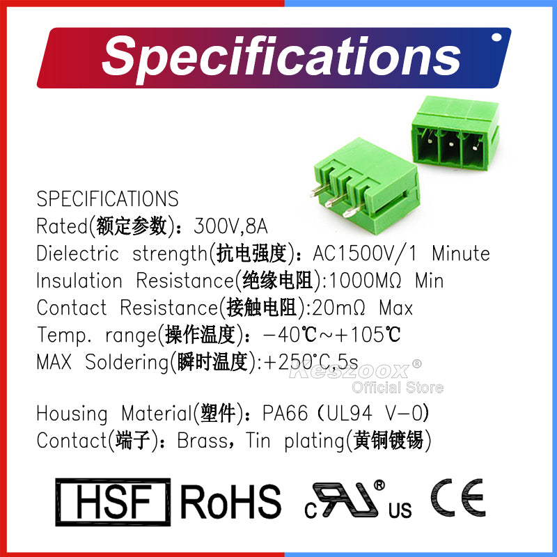 Technical specifications for KF2EDGV-3.5 terminal blocks, including 300V/8A rating, PA66 housing, brass contacts, UL94 V-0 flammability rating, and RoHS compliance.