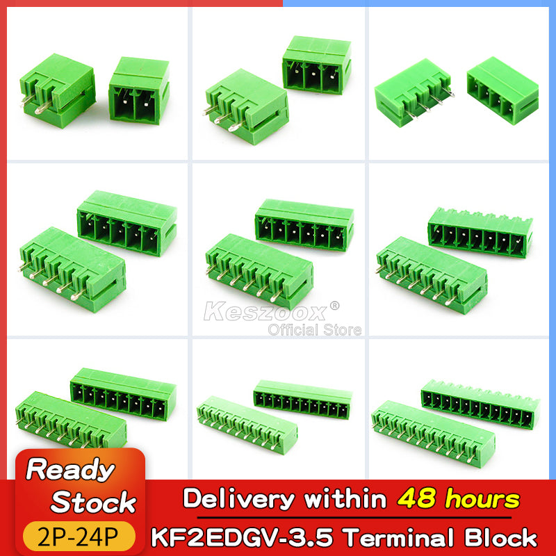 A complete selection of KF2EDGV-3.5 PCB terminal blocks from 2 to 24 positions, green housing, available for immediate delivery.