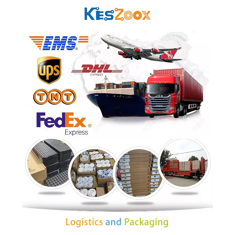 Keszoox logistics and packaging service — 5 global express carriers EMS UPS DHL Express TNT FedEx Express — cargo aircraft air freight container ship ocean freight JAC red cargo truck road freight — 4 packaging types: black anti-static ESD tray IC chips, SMD component tape reel, IC tube packaging, truck loading bulk shipment — global electronic component delivery to 100+ countries