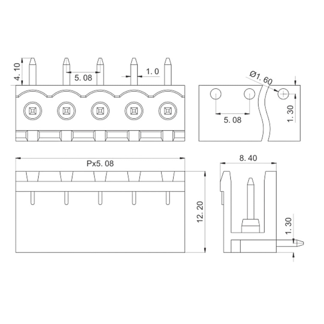 Technical drawing of 5.08mm right-angle pin header