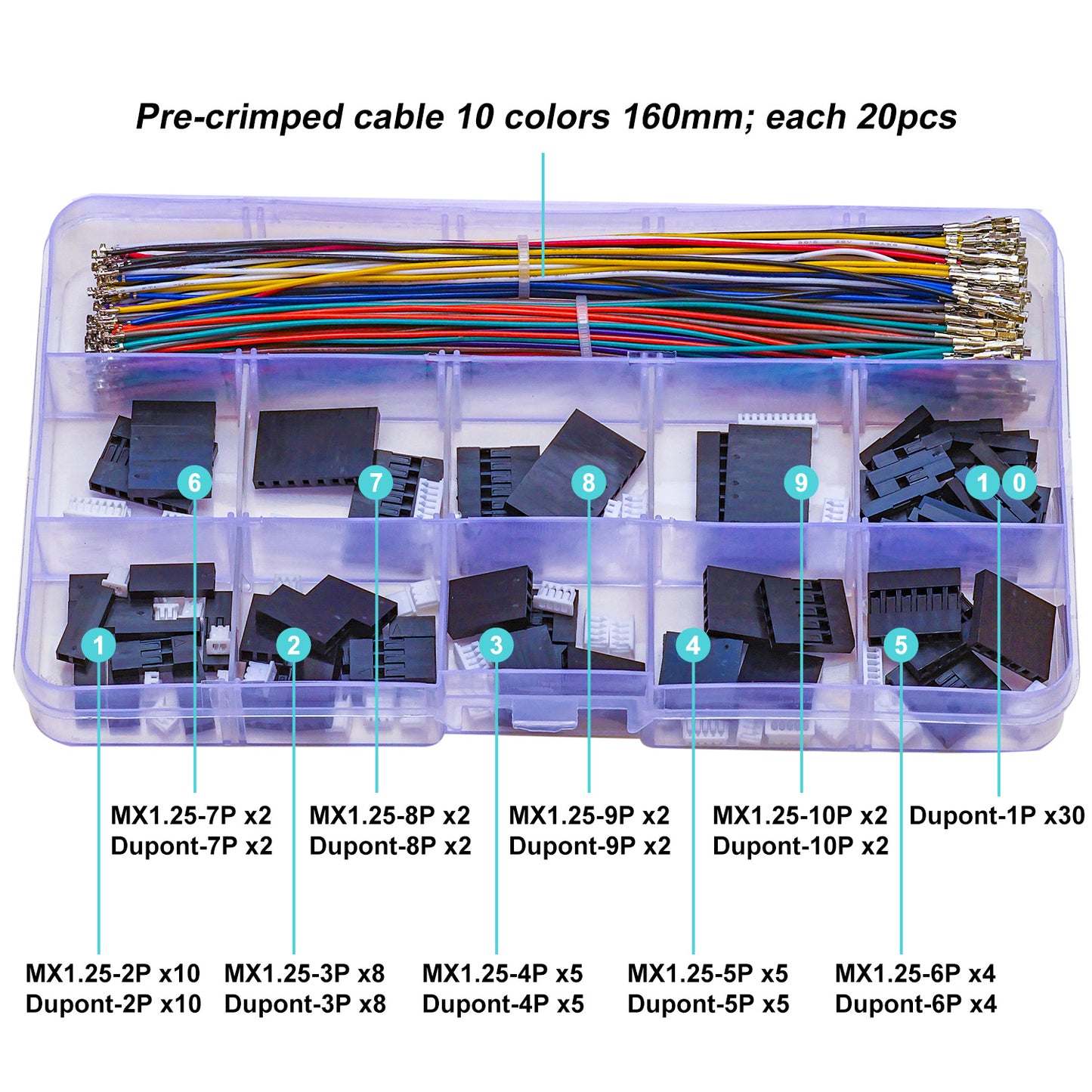 Close-up of MX1.25 male and Dupont 2.54 female connectors with precise crimped terminals