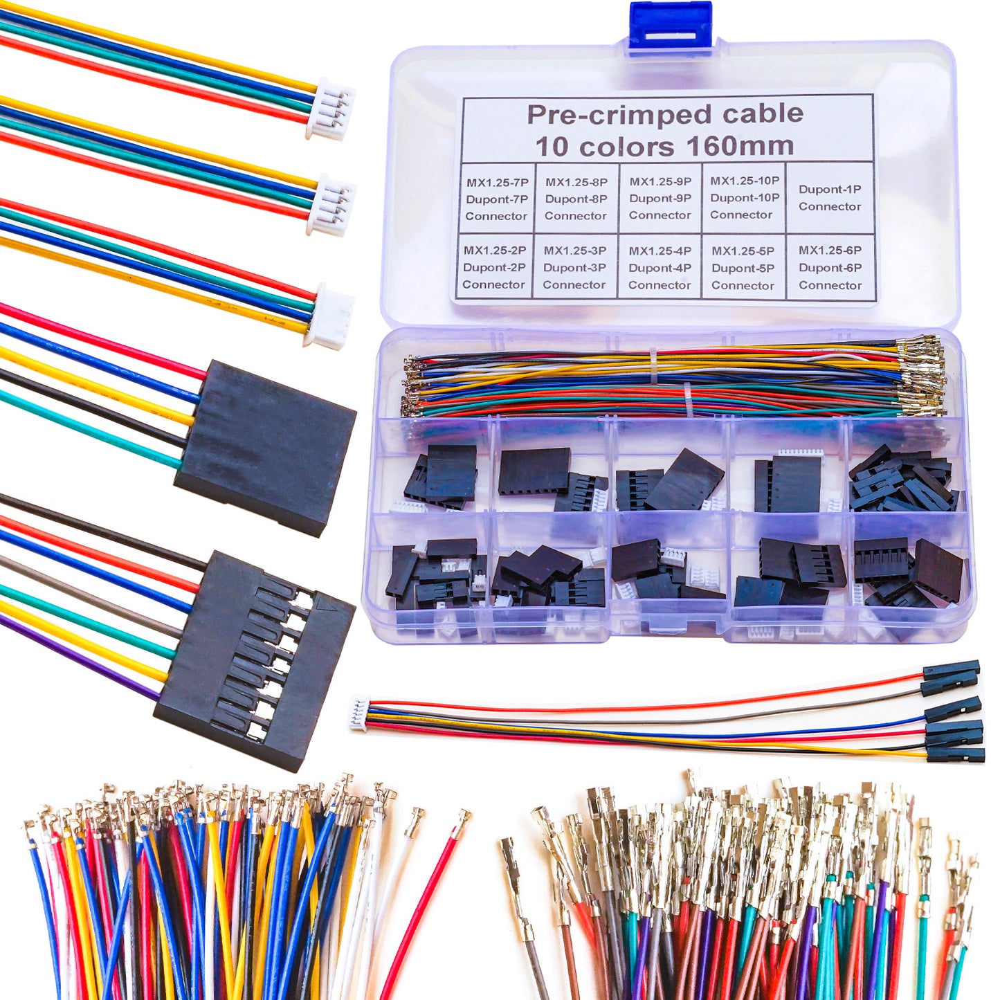 Full view of MX1.25 to Dupont 2.54 connector kit with 28AWG pre-crimped cables for DIY projects