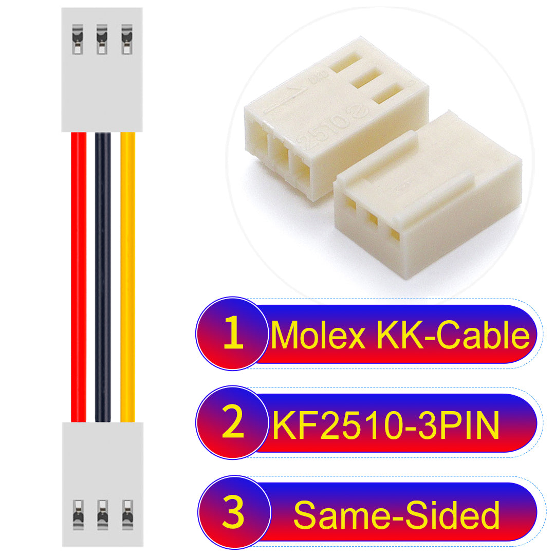 Molex KK-Cable KF2510 3Pin Same-Side-Head 2.5mm UL1007 PVC Cable with 22AWG wire gauge.