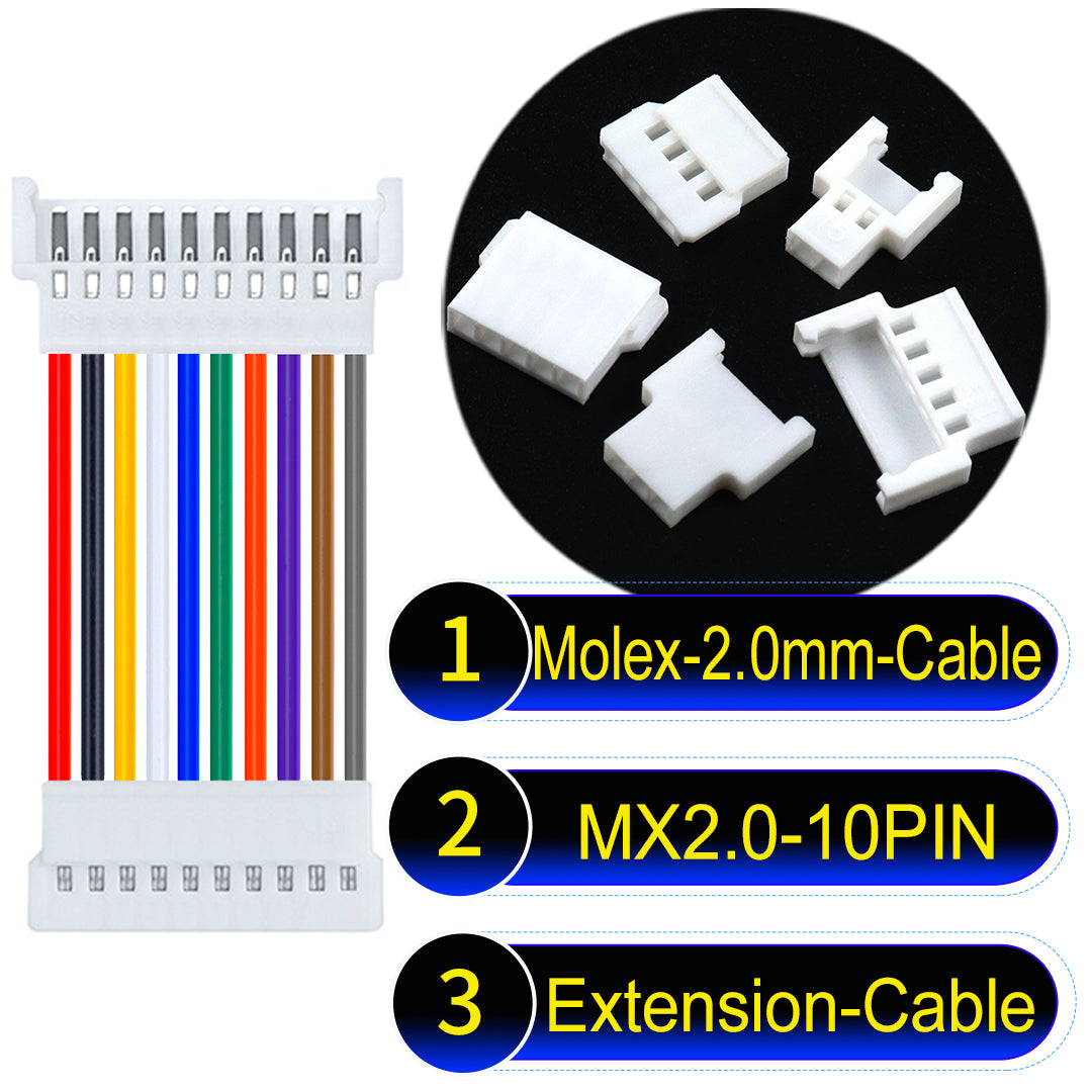 Molex 2.0mm 10Pin maleMale Female Extension Cable, 22AWG UL1007 PVC, durable and compatible with various applications.