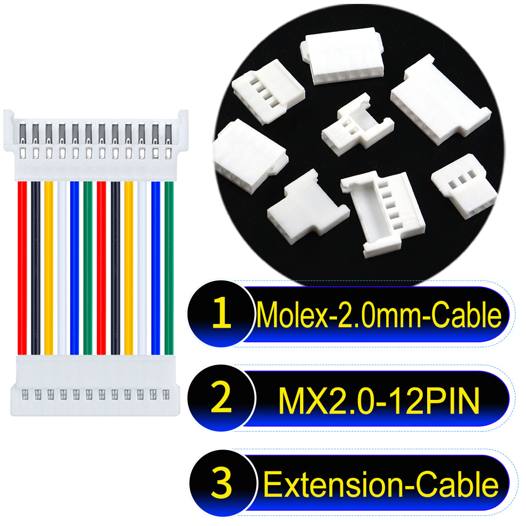 Molex 2.0mm 12Pin maleMale Female Extension Cable, 22AWG UL1007 PVC, durable and compatible with various applications.