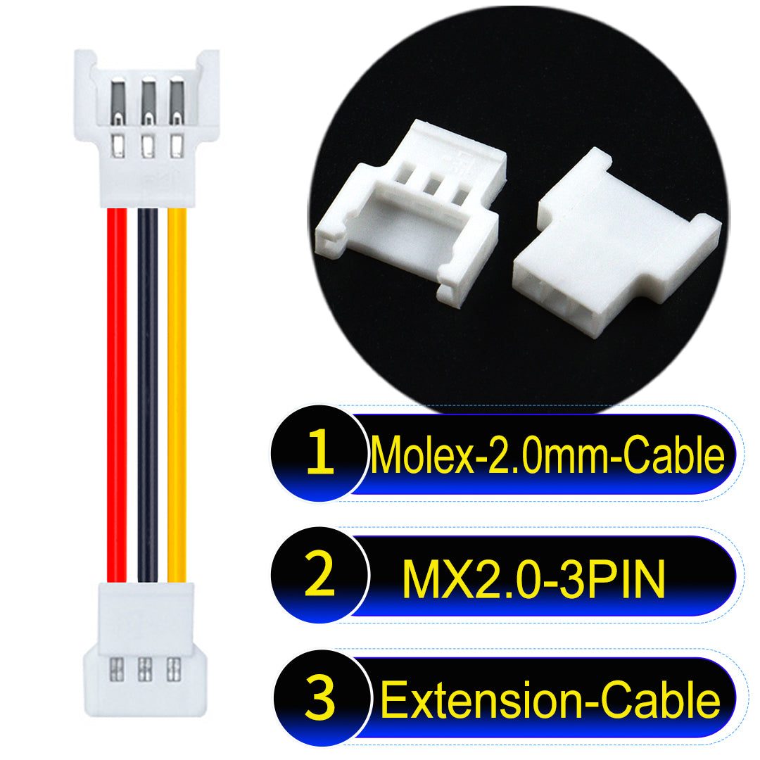 Molex 2.0mm 3Pin maleMale Female Extension Cable, 22AWG UL1007 PVC, durable and compatible with various applications.