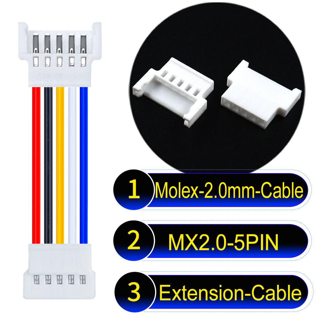 Molex 2.0mm 5Pin maleMale Female Extension Cable, 22AWG UL1007 PVC, durable and compatible with various applications.