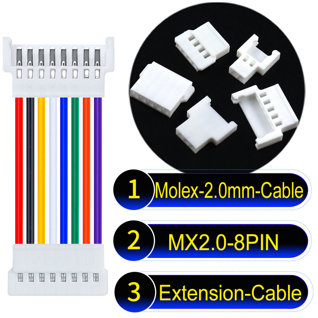 Molex 2.0mm 8Pin maleMale Female Extension Cable, 22AWG UL1007 PVC, durable and compatible with various applications.